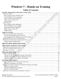 Windows 7 – Hands-On Training Table of Contents PINNING PROGRAMS and USING JUMP LISTS