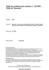 Table Des Matières Des Numéros 1 - 30 (1981 - 1996) De "Versants"