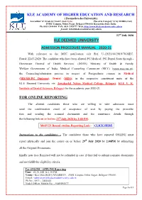 KLE DEEMED UNIVERSITY ADMISSION PROCEDURE MANUAL - 2020-21 with Reference to the MCC Notification Vide Ref