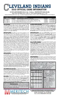 LEVELAND INDIANS 2012 OFFICIAL GAME INFORMATION CLEVELAND INDIANS (52-61, 3Rd, -10.0G) Vs
