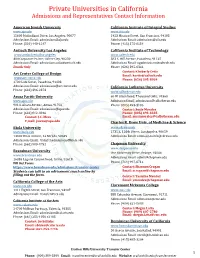 Private Universities in California Admissions and Representatives Contact Information