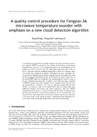 A Quality Control Procedure for Fengyun-3A Microwave Temperature Sounder with Emphasis on a New Cloud Detection Algorithm