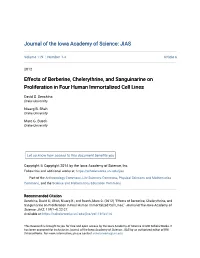 Effects of Berberine, Chelerythrine, and Sanguinarine on Proliferation in Four Human Immortalized Cell Lines