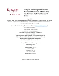 Ecological Monitoring and Mitigation Policies and Practices at Offshore Wind Installations in the United States and Europe