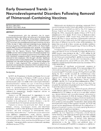 Early Downward Trends in Neurodevelopmental Disorders Following Removal of Thimerosal-Containing Vaccines