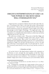 Origen's Interpretation of Luke 1:35: “The Power of the Most High Will