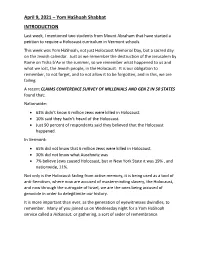 April 9, 2021 – Yom Hashoah Shabbat INTRODUCTION