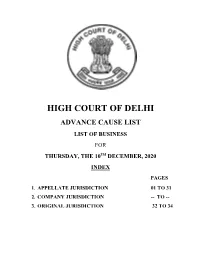 Advance Cause List List of Business for Thursday, the 10Th December, 2020 Index Pages