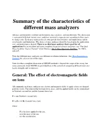 Summary of the Characteristics of Different Mass Analyzers