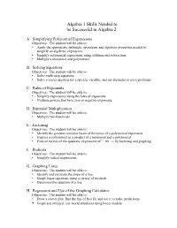 Algebra 1 Skills Needed to Be Successful in Algebra 2