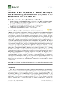 Variations in Soil Respiration at Different Soil Depths and Its Influencing Factors in Forest Ecosystems in the Mountainous Area