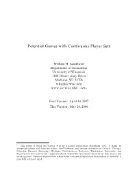 Potential Games with Continuous Player Sets