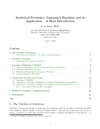 Analytical Dynamics: Lagrange's Equation and Its Application