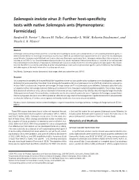 Solenopsis Invicta Virus 3: Further Host-Specificity Tests with Native Solenopsis Ants (Hymenoptera: Formicidae) Sanford D