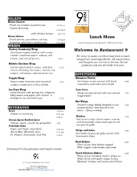 Lunch Menu Welcome to Restaurant 9
