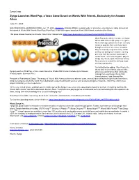 Zynga Launches Word Pop, a Voice Game Based on Words with Friends, Exclusively for Amazon Alexa