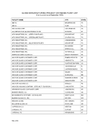 GLASS MANUFACTURING PROJECT DATABASE PLANT LIST (List Is Current As of September 2005)