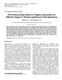 The Molluscicidal Effects of Hyptis Suaveolens on Different Stages of Bulinus Globosus in the Laboratory
