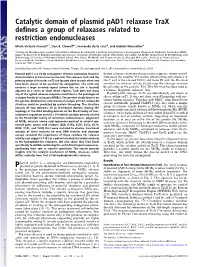 Catalytic Domain of Plasmid Pad1 Relaxase Trax Defines a Group Of