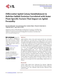Differential Aphid Colony Establishment in Dolichos Lablab Varieties Correlated with Some Plant Specific Factors That Impact on Aphid Fecundity