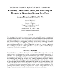Computer Graphics Beyond the Third Dimension: Geometry, Orientation Control, and Rendering for Graphics in Dimensions Greater Than Three