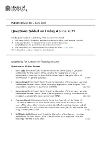 Questions Tabled on Friday 4 June 2021
