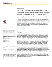 Reciprocal Relationship Between Head Size, an Autism Endophenotype, and Gene Dosage at 19P13.12 Points to AKAP8 and AKAP8L