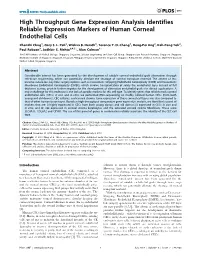 High Throughput Gene Expression Analysis Identifies Reliable Expression Markers of Human Corneal Endothelial Cells