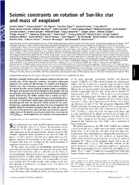 Seismic Constraints on Rotation of Sun-Like Star and Mass of Exoplanet