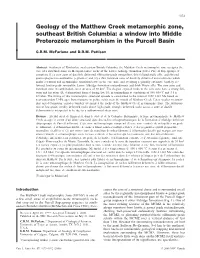 Geology of the Matthew Creek Metamorphic Zone, Southeast British Columbia: a Window Into Middle Proterozoic Metamorphism in the Purcell Basin