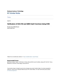 Verification of SHA-256 and MD5 Hash Functions Using UVM