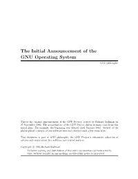 The Initial Announcement of the GNU Operating System GNU Philosophy