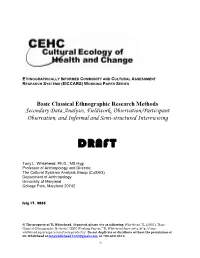 Secondary Data Analysis, Fieldwork, Observation/Participant Observation, and Informal and Semi-Structured Interviewing