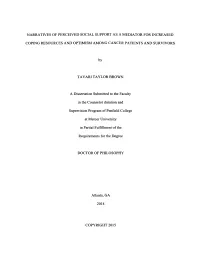 Narratives of Perceived Social Support As a Mediator for Increased Coping Resources and Optimism Among Cancer Patients and Survi