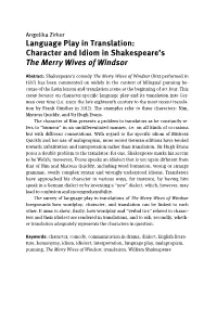 Character and Idiom in Shakespeare's the Merry Wives of Windsor