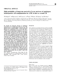 High Probability of Long-Term Survival in 2-Year Survivors of Autologous Hematopoietic Cell Transplantation for AML in ﬁrst Or Second CR