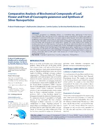 Comparative Analysis of Biochemical Compounds of Leaf, Flower and Fruit of Couroupita Guianensis and Synthesis of Silver Nanoparticles