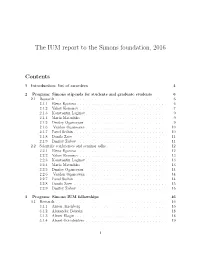 The IUM Report to the Simons Foundation, 2016
