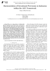 Harmonization of Investment Provisions in Indonesia Within the AEC Framework: Study in Riau Province