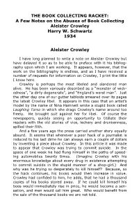 THE BOOK COLLECTING RACKET: a Few Notes on the Abuses of Book Collecting Aleister Crowley Harry W