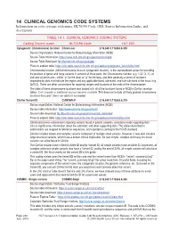 14 CLINICAL GENOMICS CODE SYSTEMS Information on Code Systems with Name, HL70396 Code, OID, Source Information Links, and Description