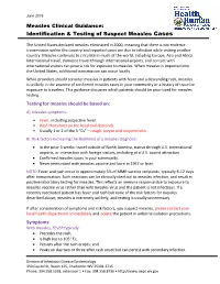 Measles Clinical Guidance: Identification & Testing of Suspect Measles Cases