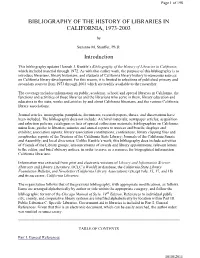 BIBLIOGRAPHY of the HISTORY of LIBRARIES in CALIFORNIA, 1973-2003 Introduction