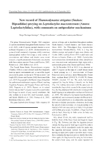 (Snakes: Dipsadidae) Preying on Leptodactylus Macrosternum (Anura: Leptodactylidae), with Comments on Antipredator Mechanisms