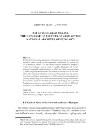 Patents of Arms Online the Database of Patents of Arms of the National Archives of Hungary1