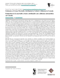 Estimates of Avian Mortality Attributed to Vehicle Collisions in Canada
