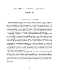 David Hilbert's Contributions to Logical Theory