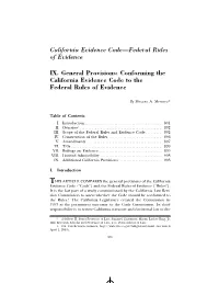 Conforming the California Evidence Code to the Federal Rules of Evidence
