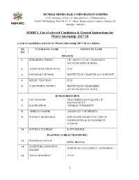 MMRCL List of Selected Candidates & General Instructions for Winter