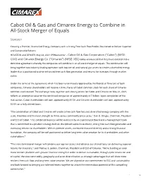 Cabot Oil & Gas and Cimarex Energy to Combine in All-Stock Merger Of
